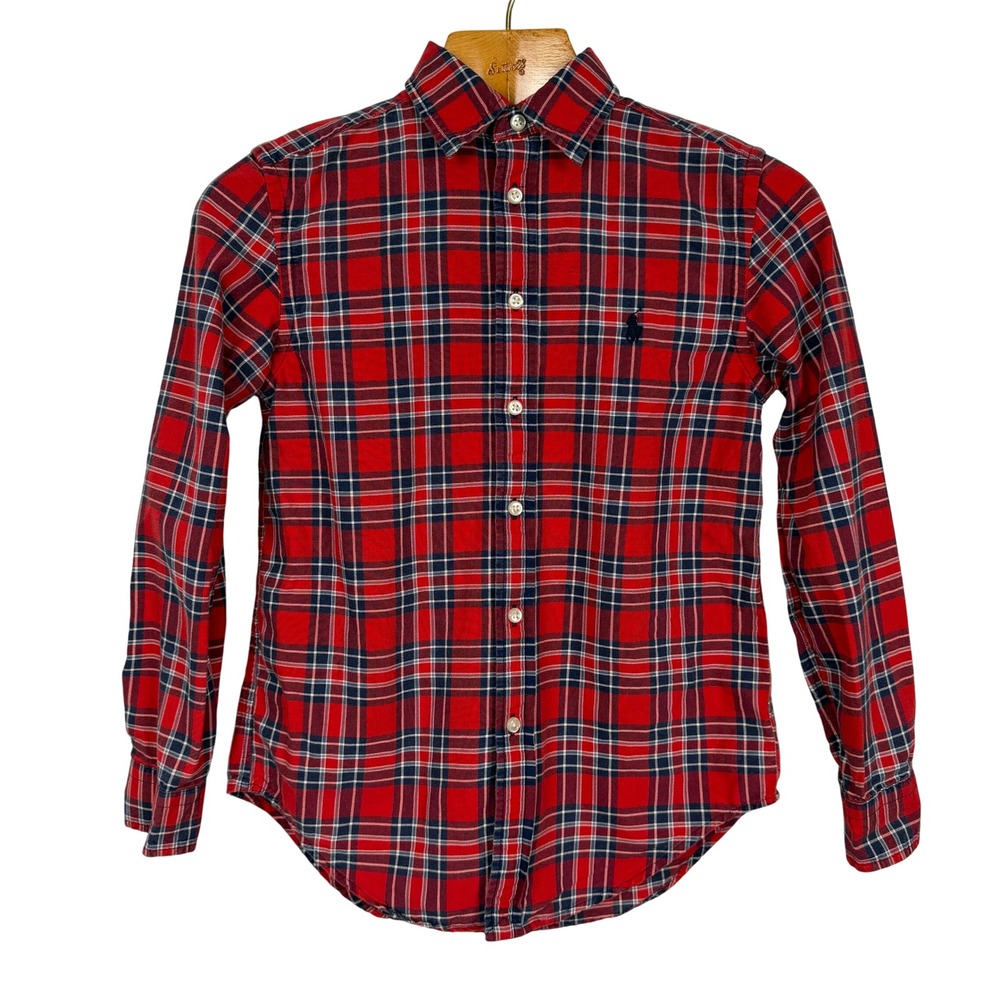 Polo Ralph Lauren Plaid Button Down Shirt Size M 10-12 Red Navy Blue Cotton